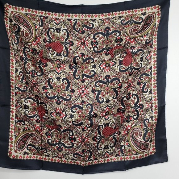 Vintage Silk Scarf Square  Black Tan Paisley 31" Square Twill Hand Rolled - Picture 3 of 11